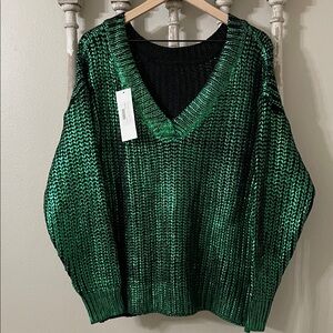 Green metallic V-Neck Sweater NWT
